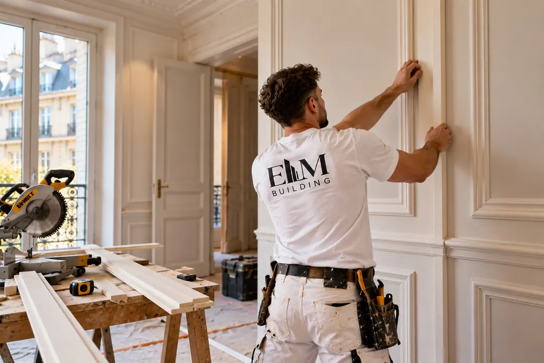 Menuisier ELM Building ajustant une moulure de boiserie murale dans un appartement haussmannien, scie à onglet et baguettes sur l'établi