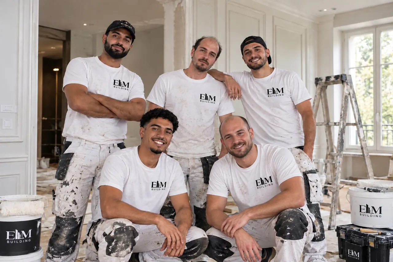 L'équipe ELM Building en tee-shirts siglés, sur un chantier de rénovation d'appartement