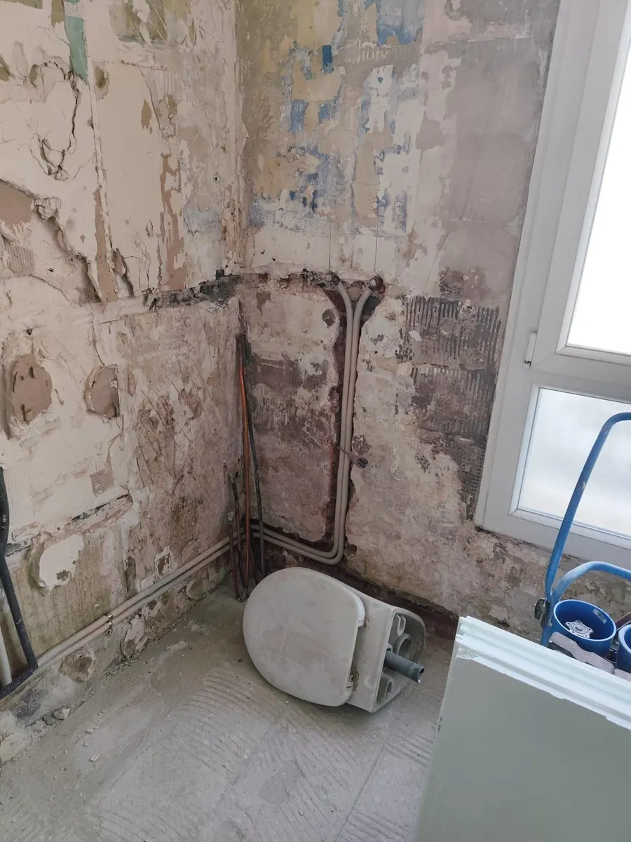 Toilettes avant travaux : murs dégradés, ancienne cuvette déposée, tuyaux apparents